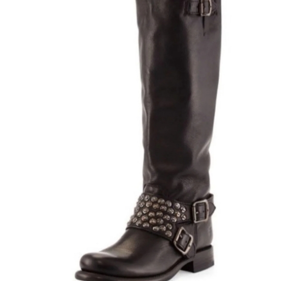 Womens Frye Jenna Studded Tall Distressed Moto Boot Black 6 - Picture 1 of 8